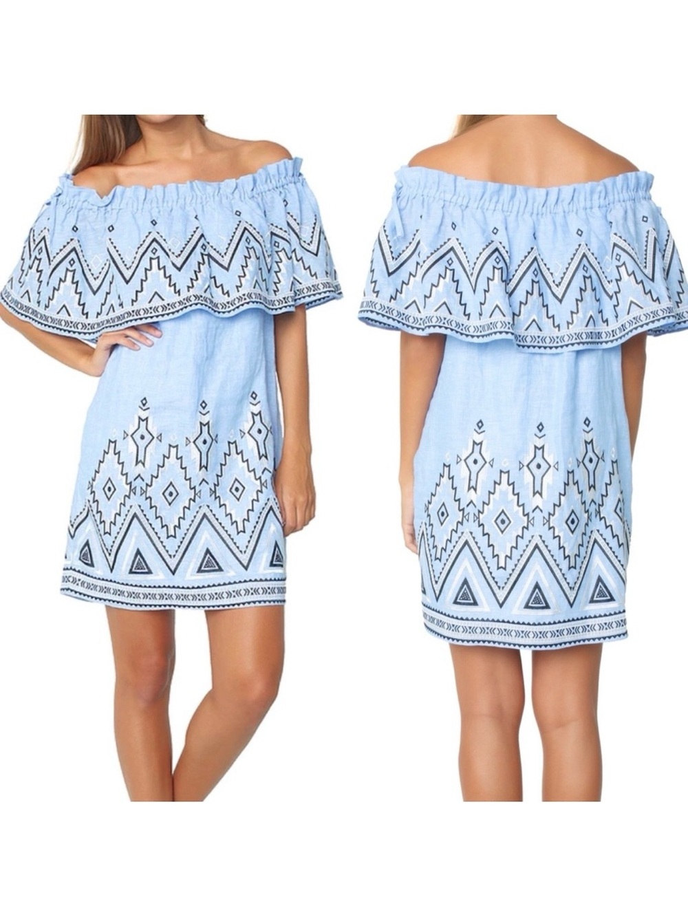 Parker Susie Linen Off The Shoulder Ruffle Embroidered Dress: Periwinkle Blue